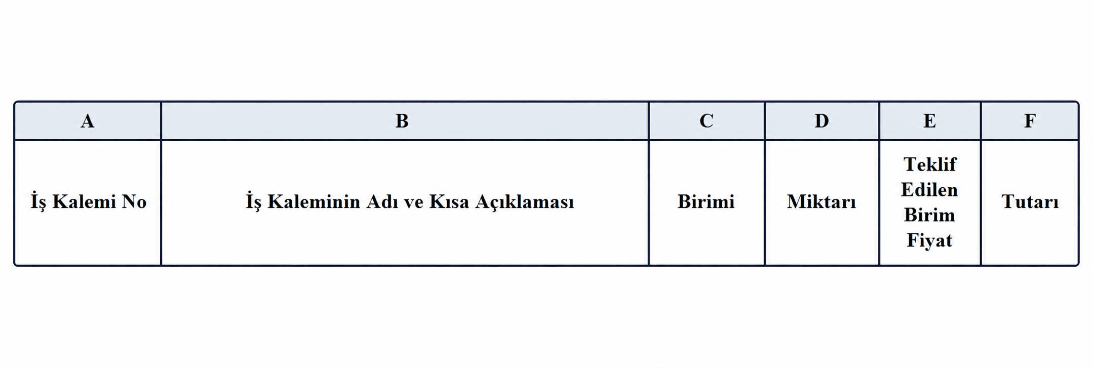 Örnek Excel sütun düzeni